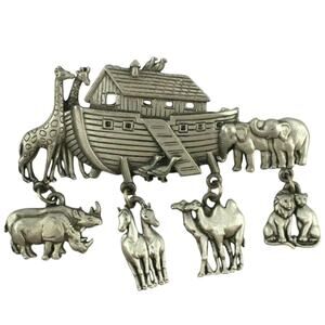 JJ Silvertone Noah's Ark Brooch Elephants Lions Rhinos Giraffes Ducks Horses